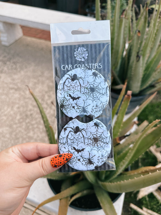 Spooky White and Black Web Set of 2 Car Coasters