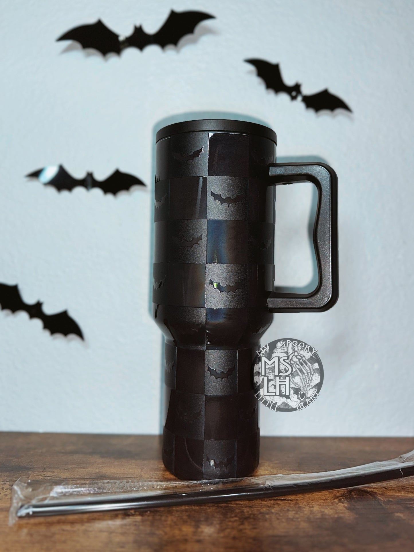 Spooky 40oz Tumbler with Straw | 40oz Checkered Bats Tumbler | White Web 40oz Tumbler