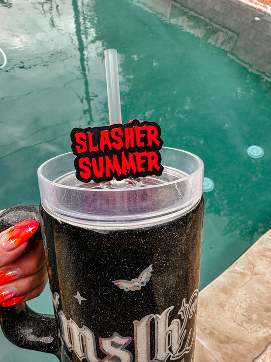 Slasher Summer Red Text MSLH Exclusive 8mm and 10mm Straw Topper for Tumblers -3D PRINTED