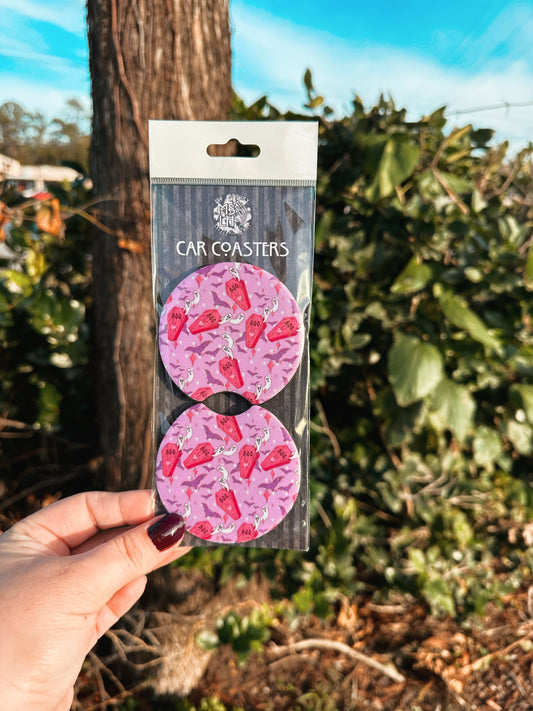 Spooky Pink Coffins and Ghosts Set of 2 Car Coasters