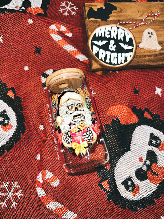 Skeleton Santa 16oz Clear Glass Cup