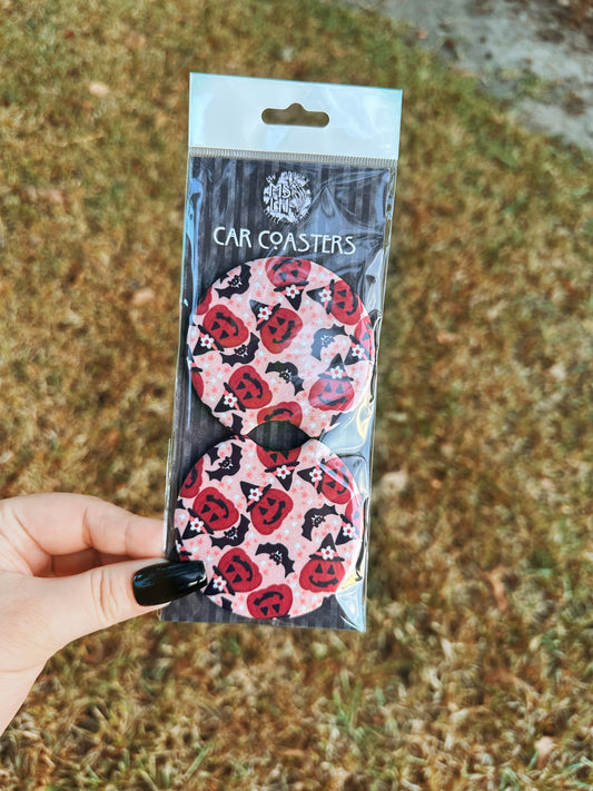 Witchy Floral Jack-o'-lantern with Bats Set of 2 Car Coasters