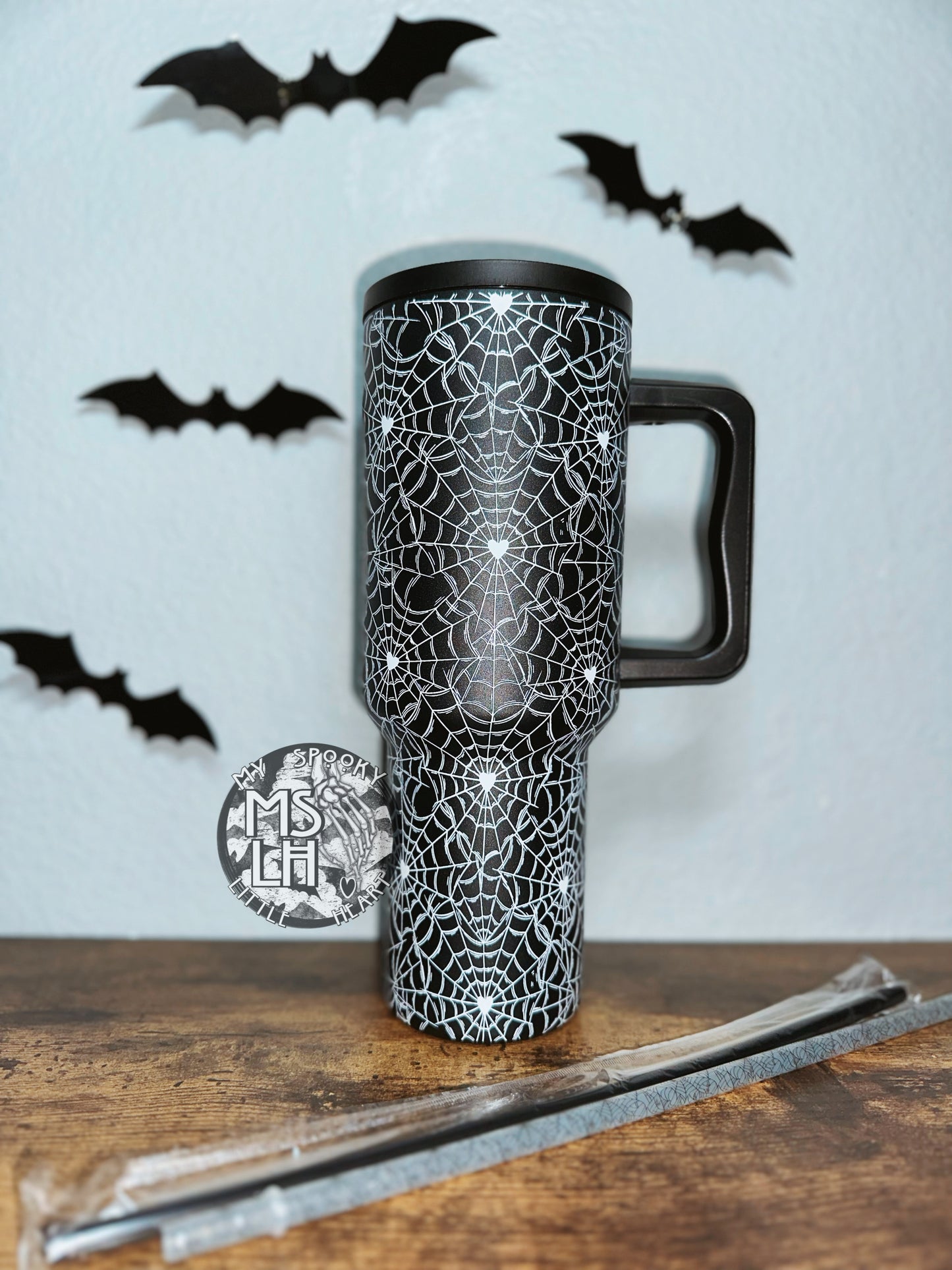 Spooky 40oz Tumbler with Straw | 40oz Checkered Bats Tumbler | White Web 40oz Tumbler