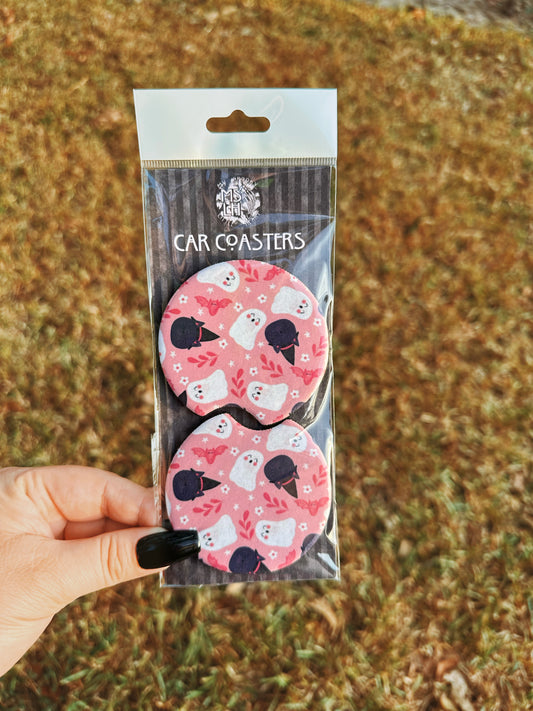 Witchy Cats with Bats and Ghosts- Pink Floral Set of 2 Car Coasters