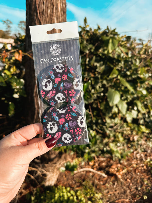 Spooky Cute Skulls Set of 2 Car Coasters