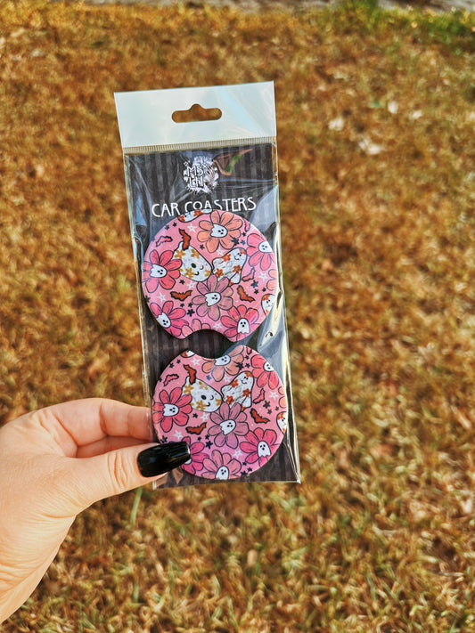 Pink Ghosts Floral with Bats Set of 2 Car Coasters