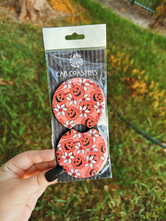 Cute Pumpkins and Flowers Set of 2 Car Coasters