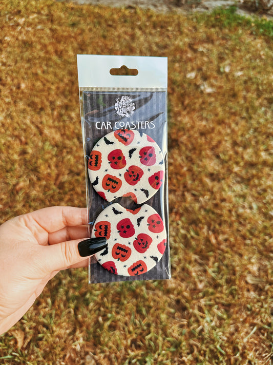 Jack-o'-lantern with Bats Set of 2 Car Coasters