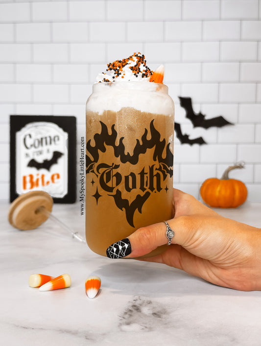 Goth Flame Heart with bats 16oz Frosted Glass Cup