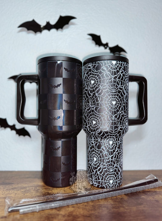 Spooky 40oz Tumbler with Straw | 40oz Checkered Bats Tumbler | White Web 40oz Tumbler