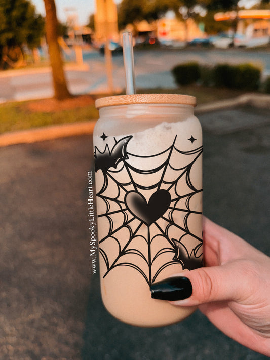 Heart Spiderweb with bats 16oz Frosted Glass Cup