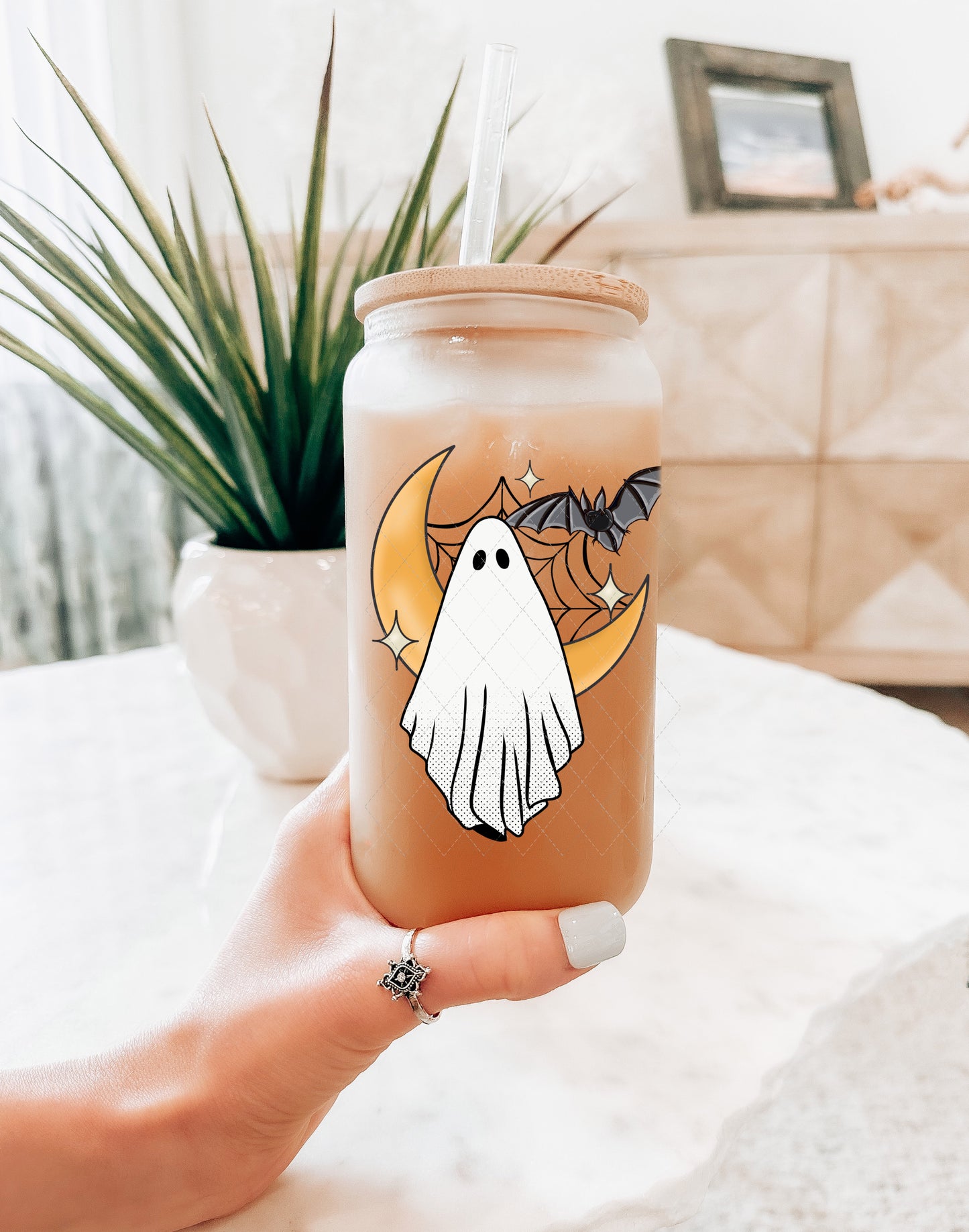 Cute Ghost and Moon with Bat PNG File