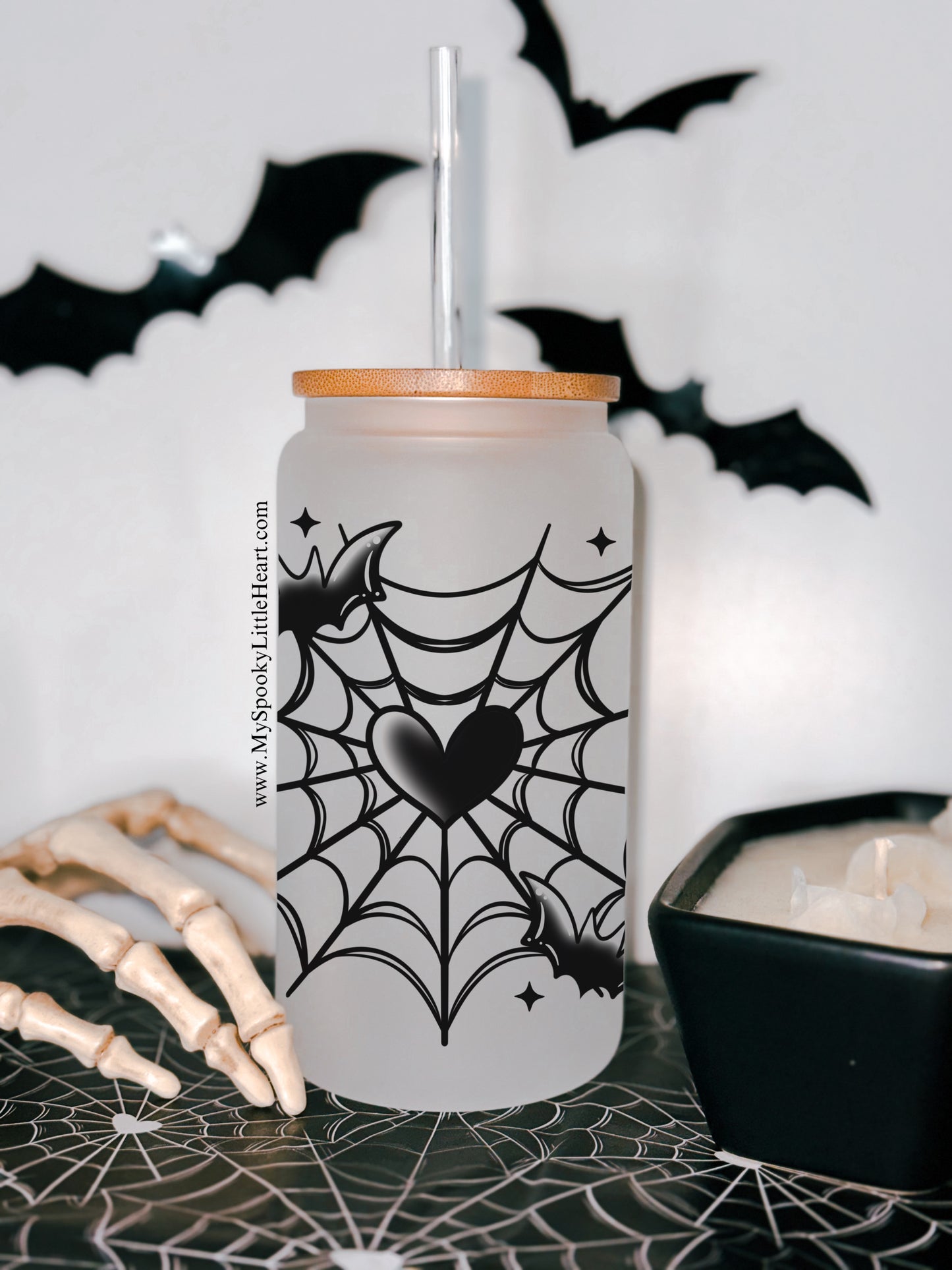 Heart Spiderweb with bats 16oz Frosted Glass Cup