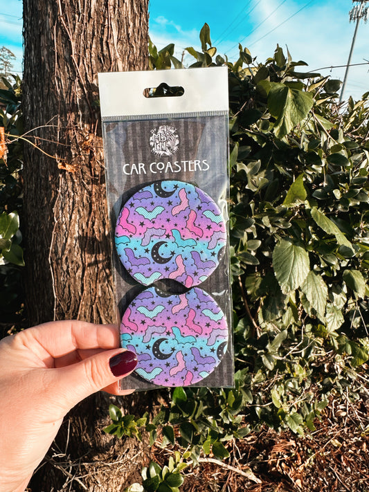 Pastel Bats with moon and stars Set of 2 Car Coasters