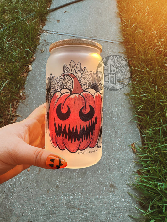 Jack o Lantern with Flowers 16oz Frosted Glass Cup