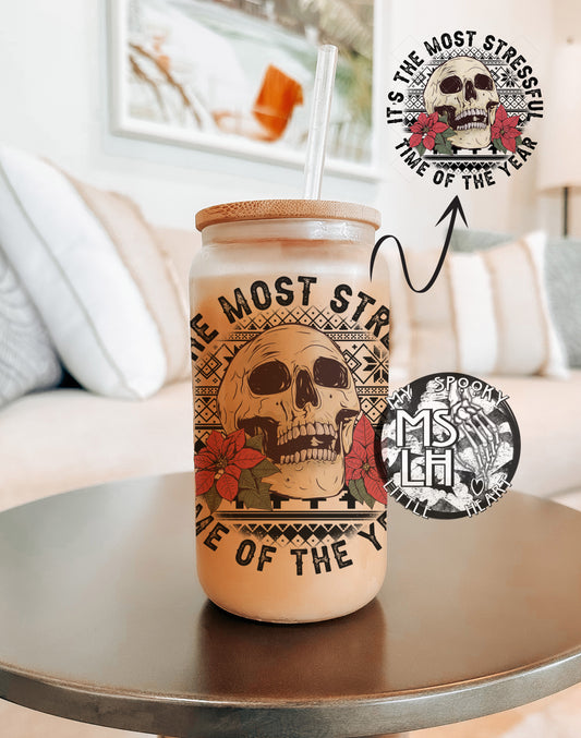 It’s the most stressful time of the year 16oz Frosted Glass Cup