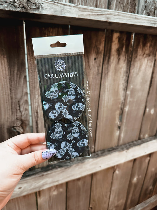 Black Floral and Skull Set of 2 Car Coasters
