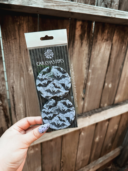 Black and White Bats Set of 2 Car Coasters