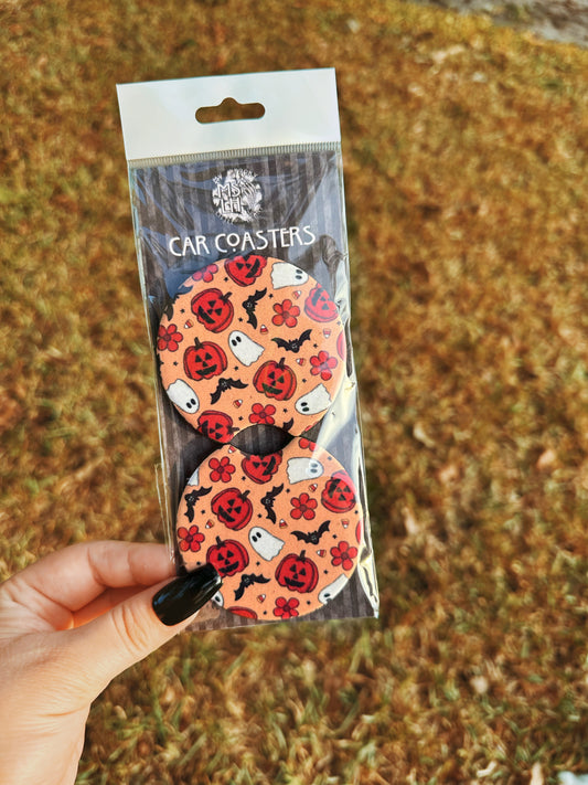 Ghosts Floral Jack-o'-lantern with Bats Set of 2 Car Coasters