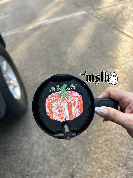 Pumpkin shaped books Bookish Round Black Theme Stanley Lid Topper Plate for 40oz Tumblers 3D PRINTED & UV Printed