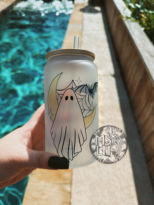 Moon With Ghost and Bat 16oz Frosted Glass Cup