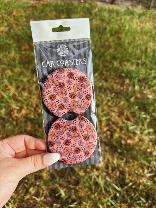 Spooky Cute Halloween and Flowers Set of 2 Car Coasters