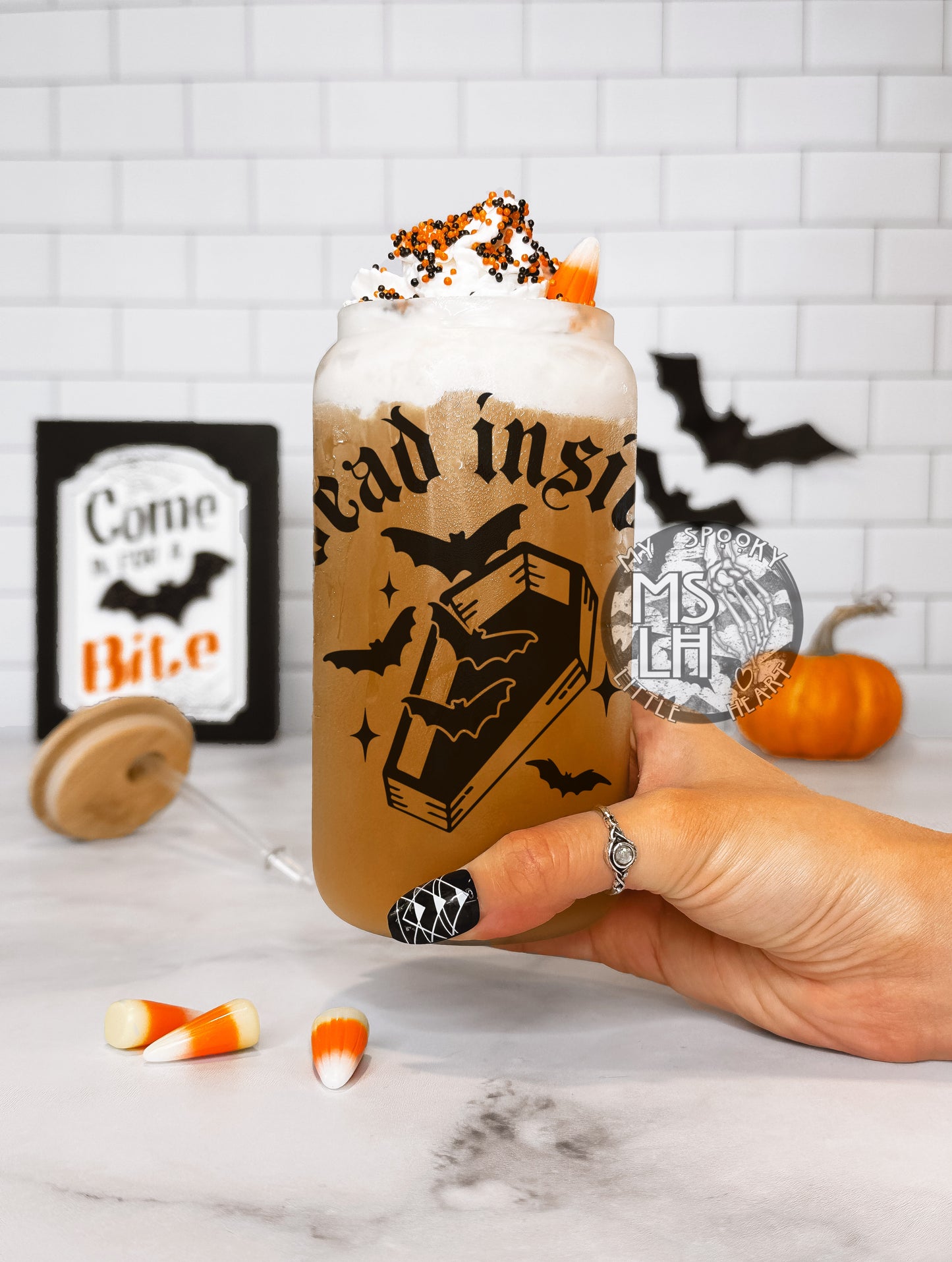 Dead Inside Coffin with Bats 16oz Frosted Glass Cup