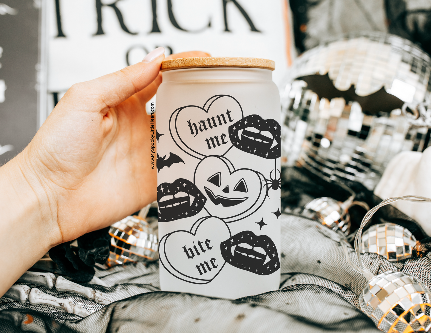 Spooky Valloween Candy Hearts 16oz Frosted Glass Cup