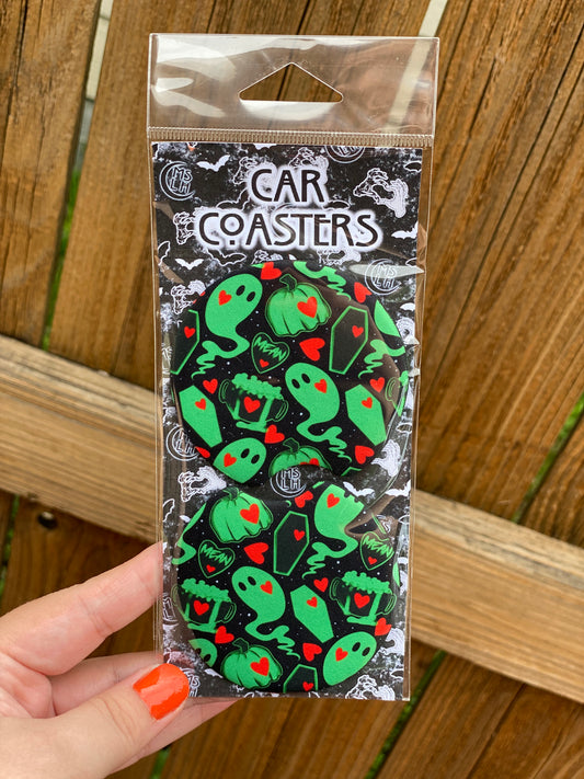 Green and Black Spooky Set of 2 Car Coasters