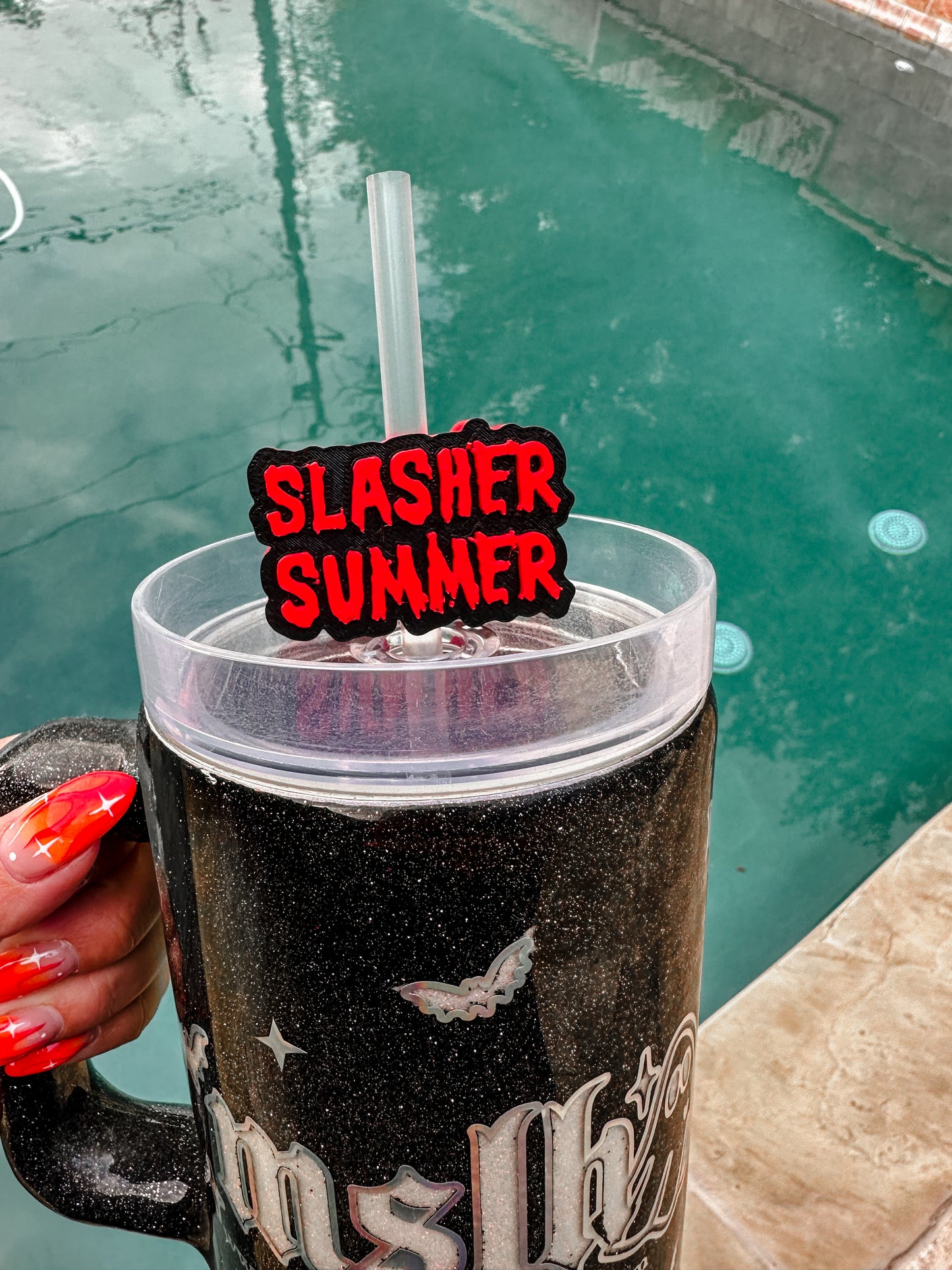 Slasher Summer Red Text MSLH Exclusive 8mm and 10mm Straw Topper for Tumblers -3D PRINTED