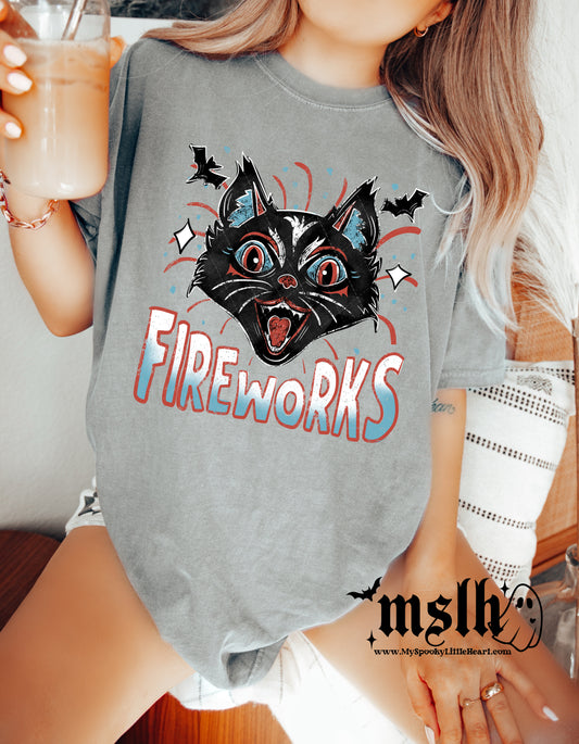 Black Cat Retro 4th of July Fireworks T-Shirt