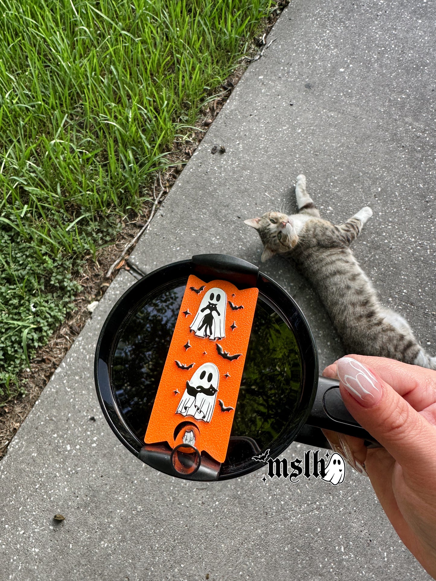 Ghosts and cats with bats Halloween Theme Stanley Lid Topper Plate for 40oz Tumblers 3D PRINTED & UV Printed