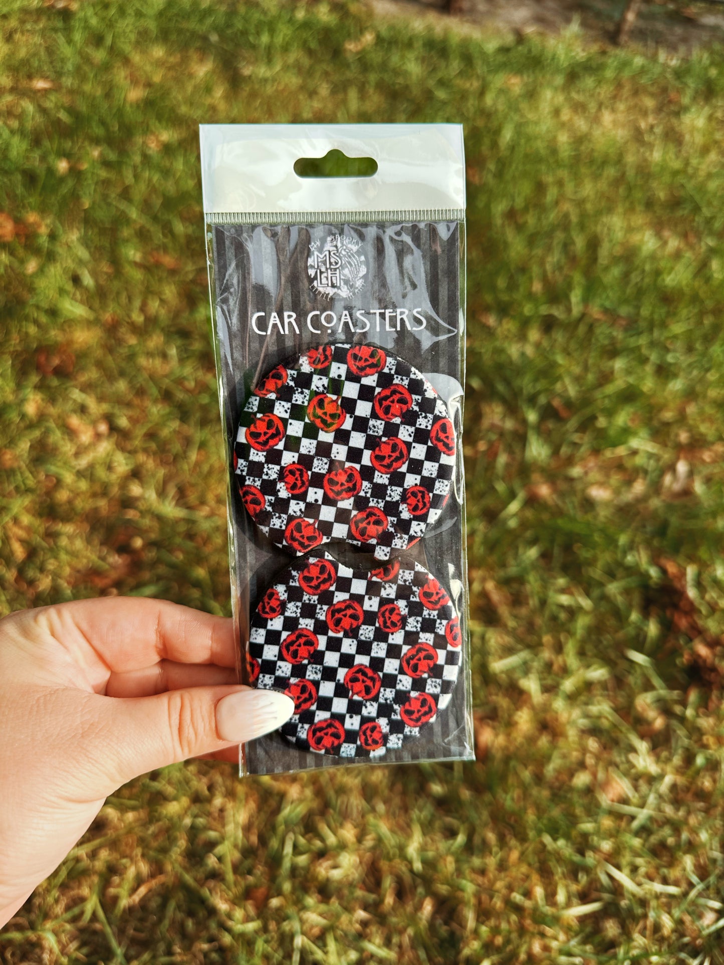 Checkered Jack-o-Lanterns  Set of 2 Car Coasters