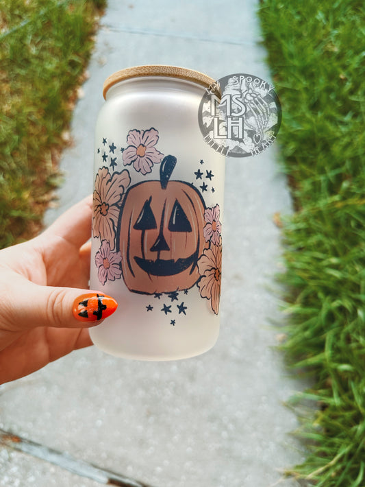 Spooky Cute Retro Jack o Lantern with Flowers 16oz Frosted Glass Cup