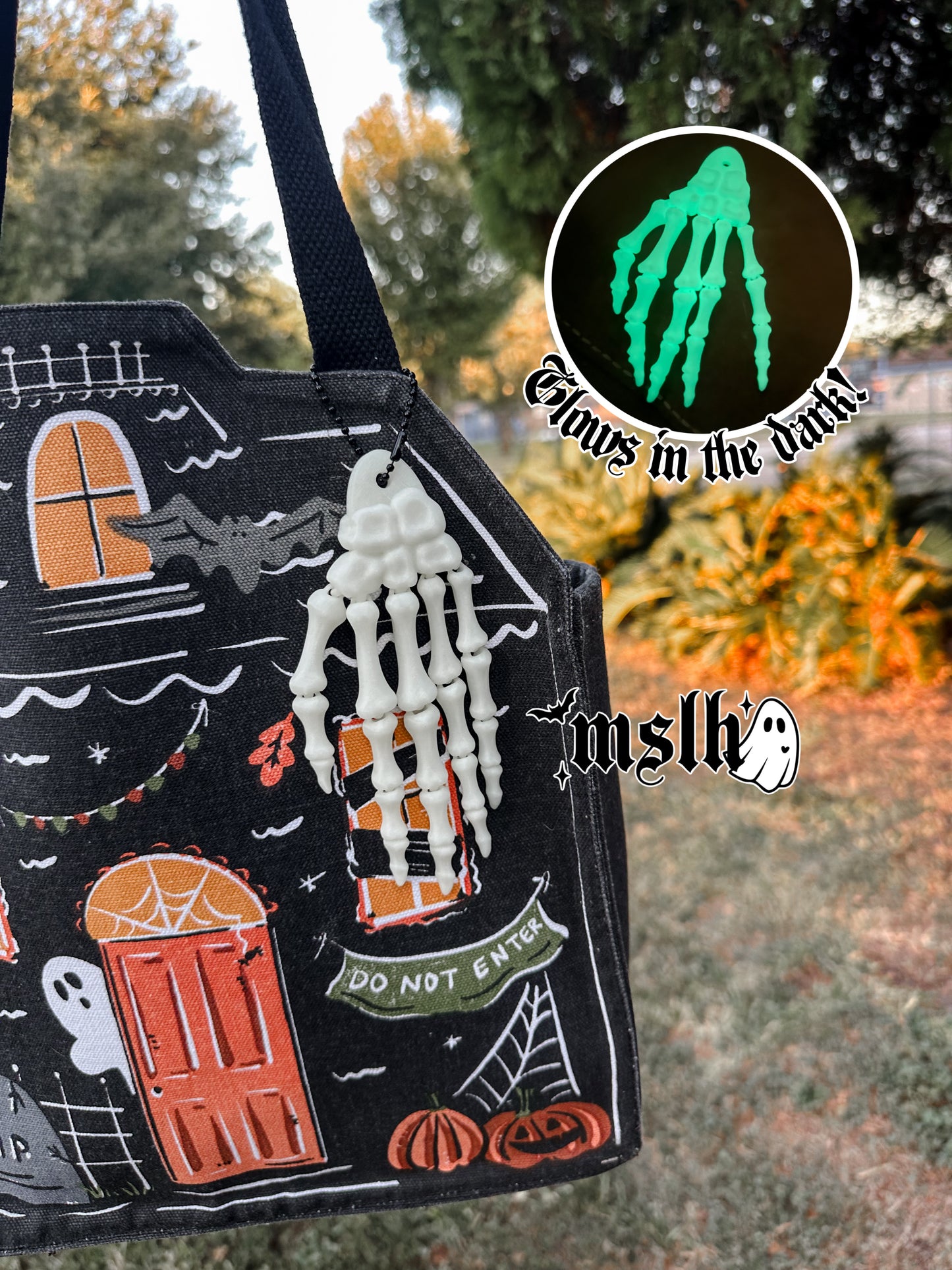 Flexi Skeleton hand | Articulate Skeleton Hand GLOW IN THE DARK Key Chain / Bag Charm -3D PRINTED