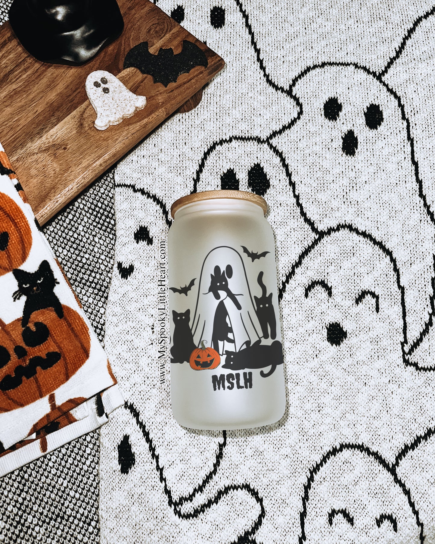 Ghost with black cats MSLH Exclusive 16oz Frosted Glass Cup