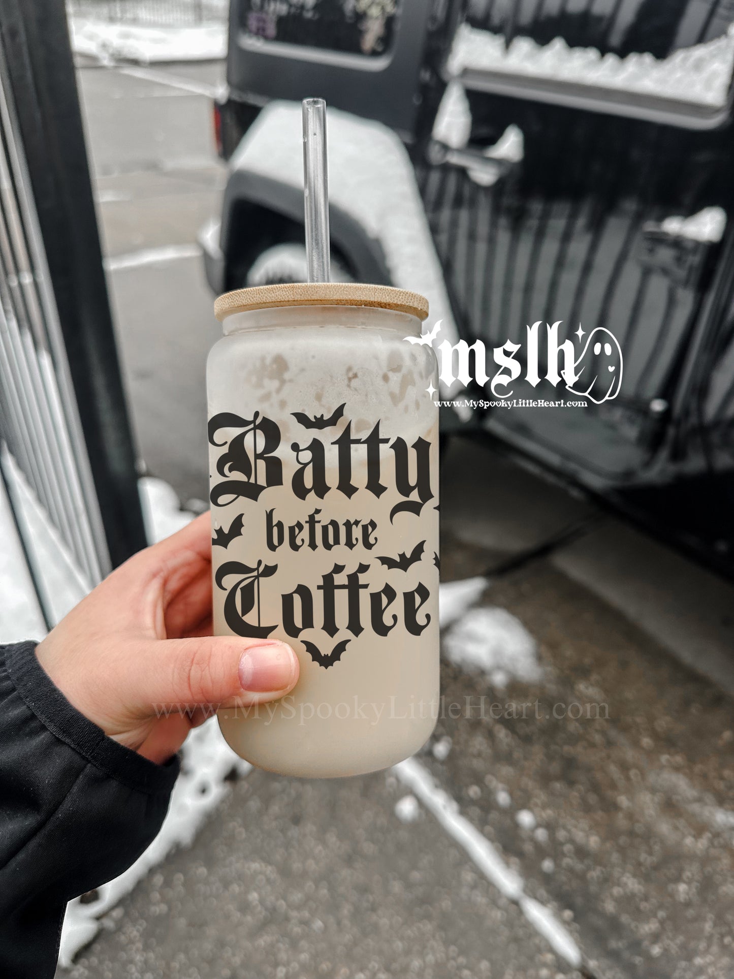 Batty before Coffee 16oz Frosted Glass Cup