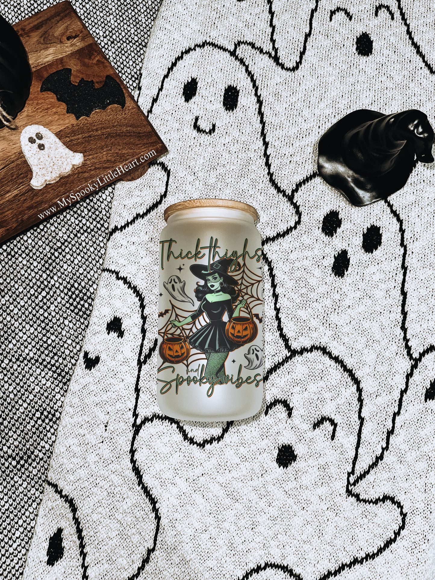 Thick Thighs and Spooky Vibes 16oz Frosted Glass Cup