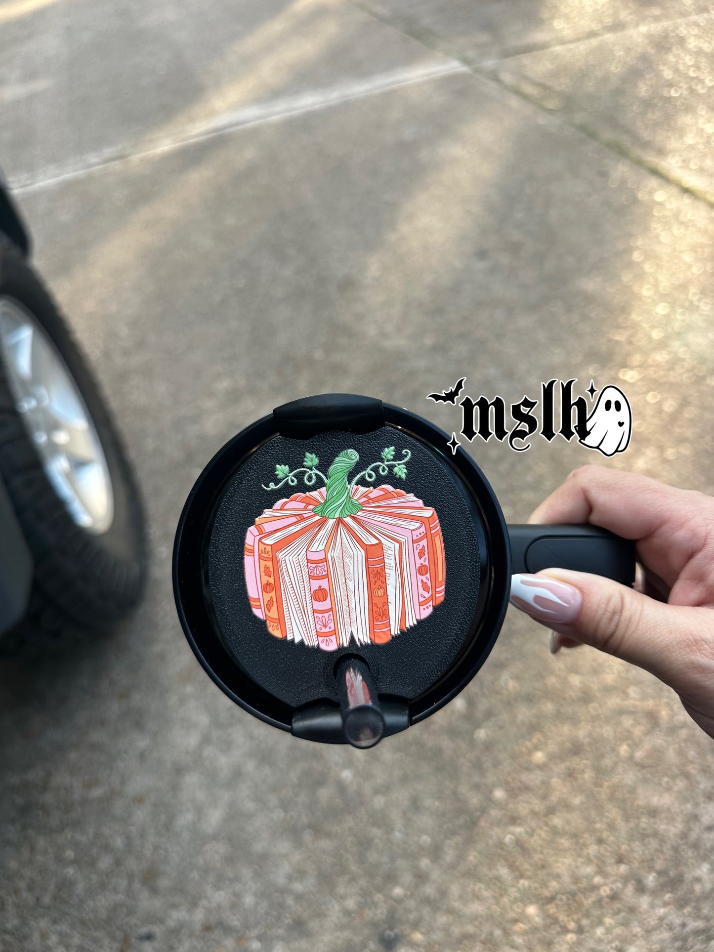 Pumpkin shaped books Bookish Round Black Theme Stanley Lid Topper Plate for 40oz Tumblers 3D PRINTED & UV Printed