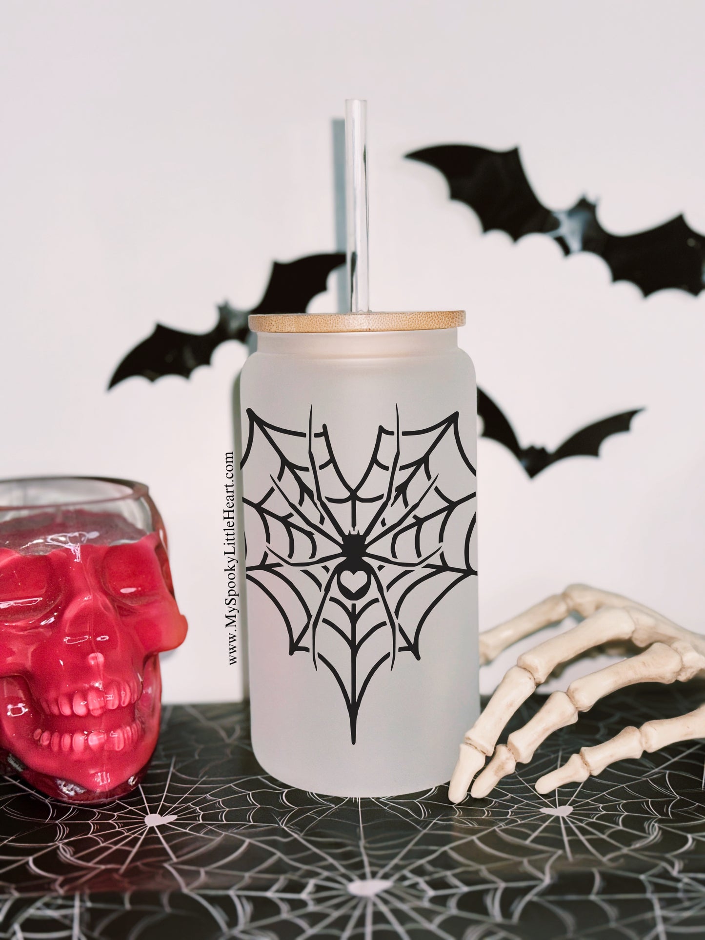 Spiderweb Heart 16oz Frosted Glass Cup