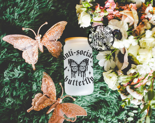 Spooky Anti-Social Butterfly 16oz Frosted Glass Cup