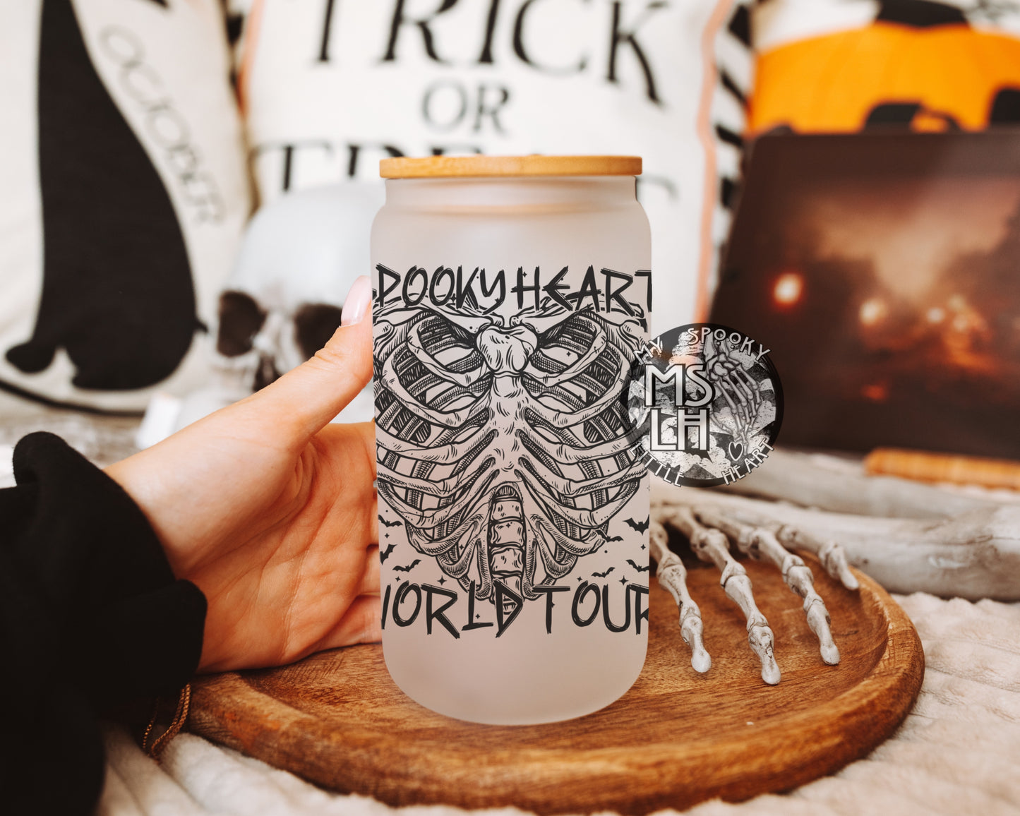 Semi Exclusive Spooky Heart World Tour ribcage with bats 16oz Frosted Glass Cup