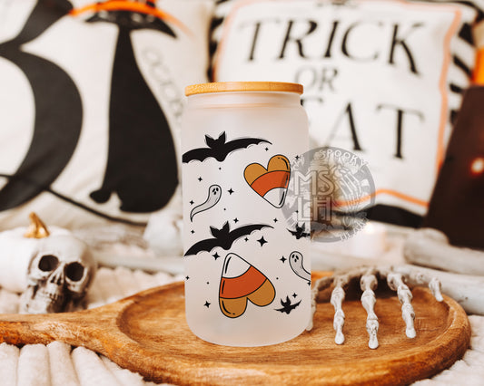 Spooky Ghosts, Bats, Candy Corn Halloween 16oz Frosted Glass Cup