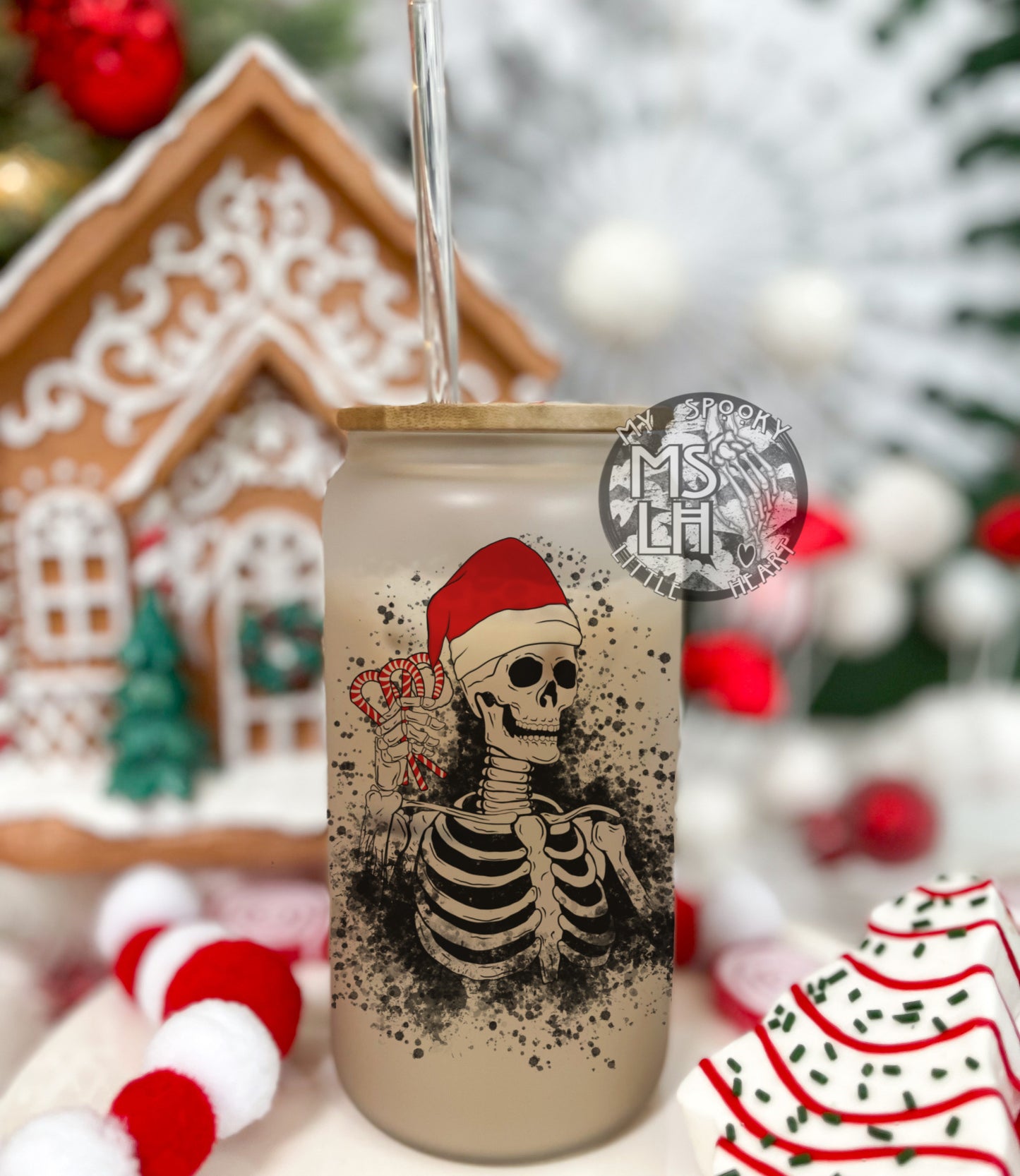 Christmas Skeleton with candy canes 16oz Frosted Glass Cup