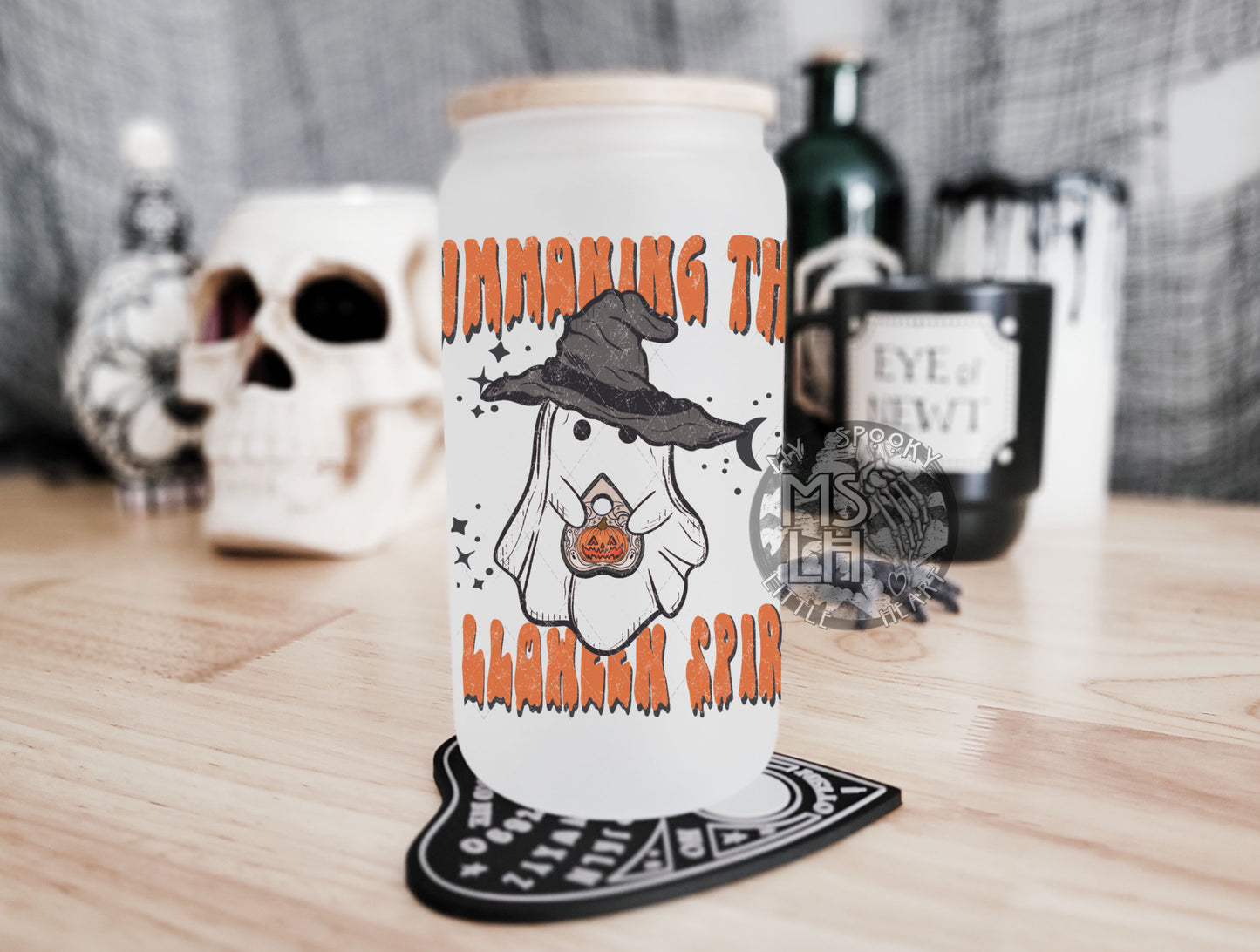 Summoning the Halloween Spirit Witchy Ghost with planchette 16oz Frosted Glass Cup