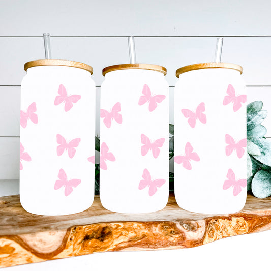 Soft Pink Butterflies 16oz Glass Can Wrap - PNG File